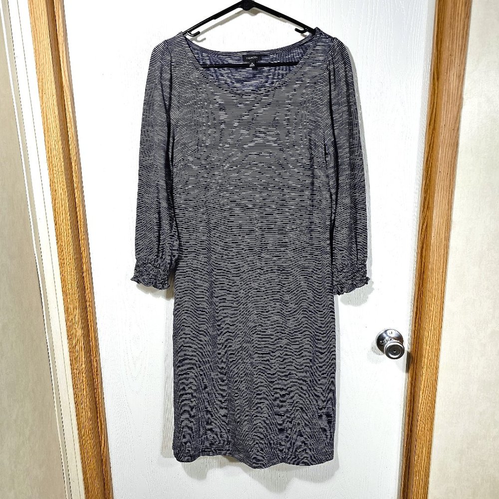 TALBOTS NAVY BLUE & WHITE Striped Cotton Boho Long Sleeve Sheath Dress Size M - Picture 2 of 6